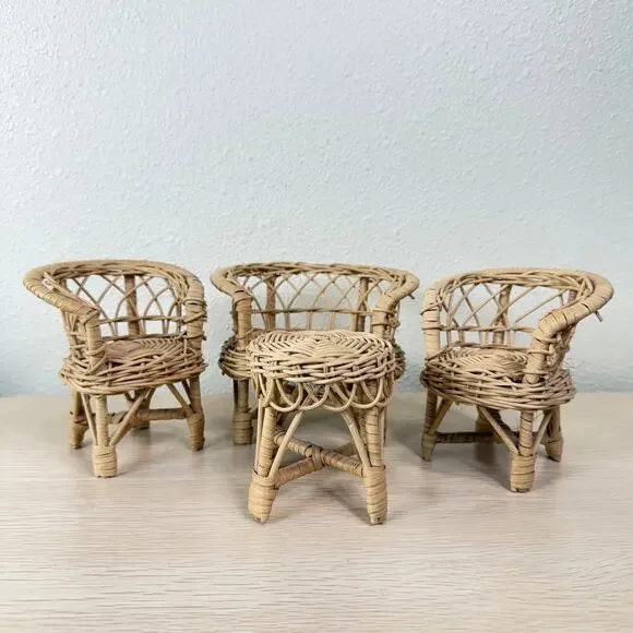 Vintage 70s Wicker Rattan Fashion Doll Furniture Set Patio Chairs & Table - Picture 2 of 6